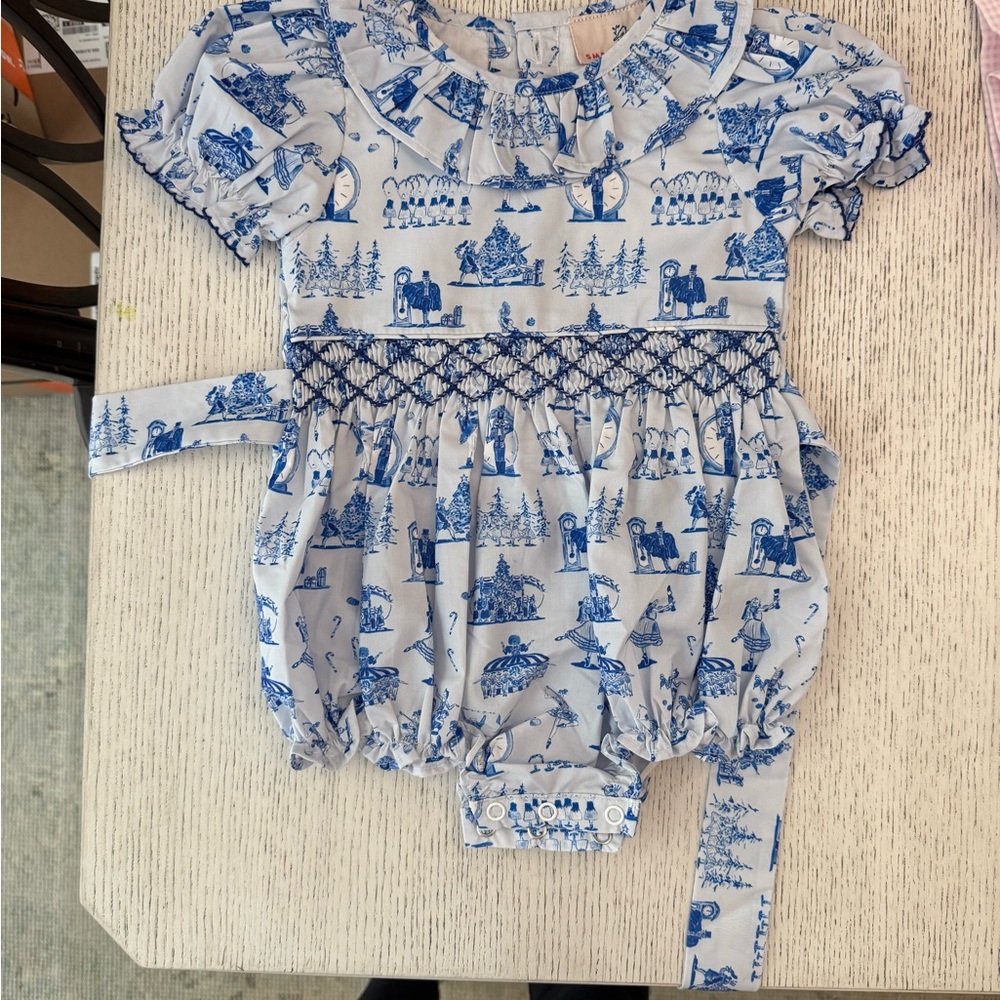 New Smockingbird Blue and White Toile Nutcracker Romper for Christmas 9 month